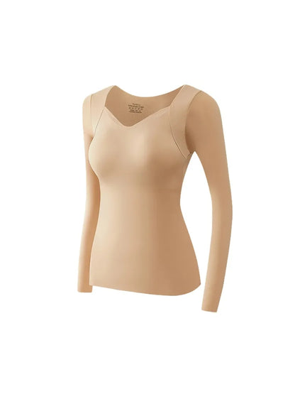Cozy Long Sleeve Shirts Skin-friendly & Warmth, Square Neck Tops With Built-in Pads Base Layer