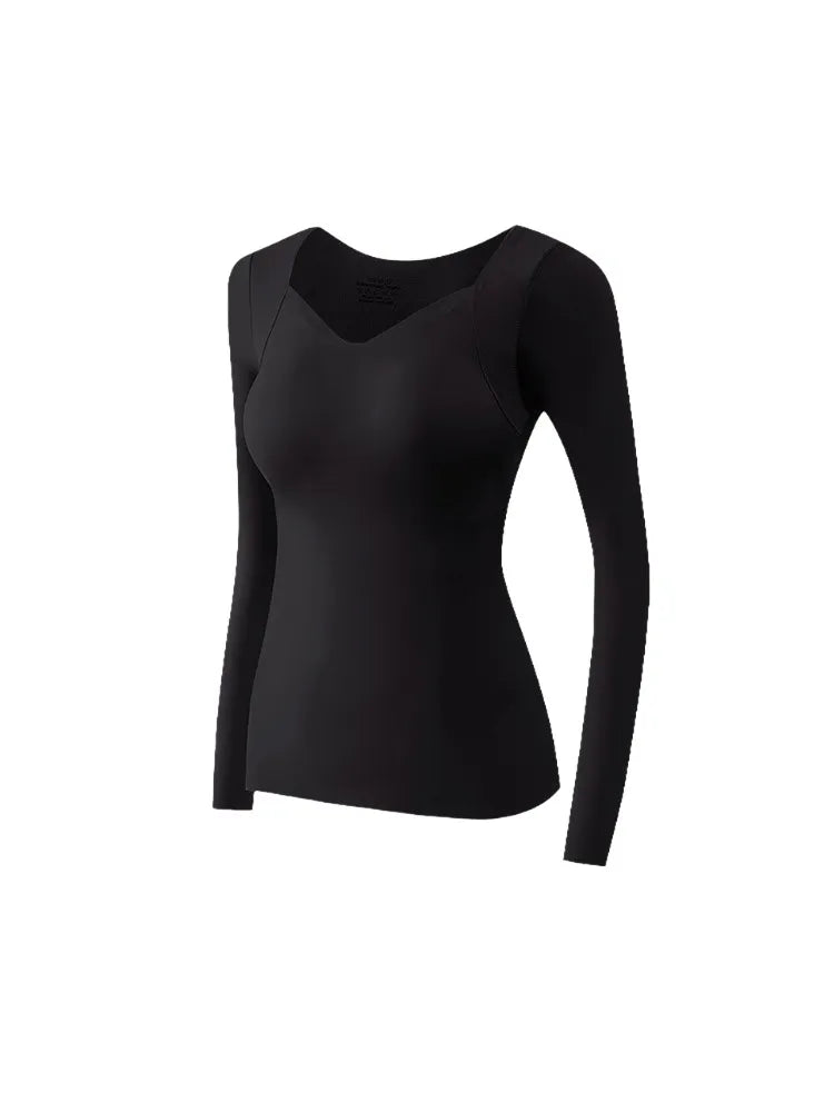 Cozy Long Sleeve Shirts Skin-friendly & Warmth, Square Neck Tops With Built-in Pads Base Layer