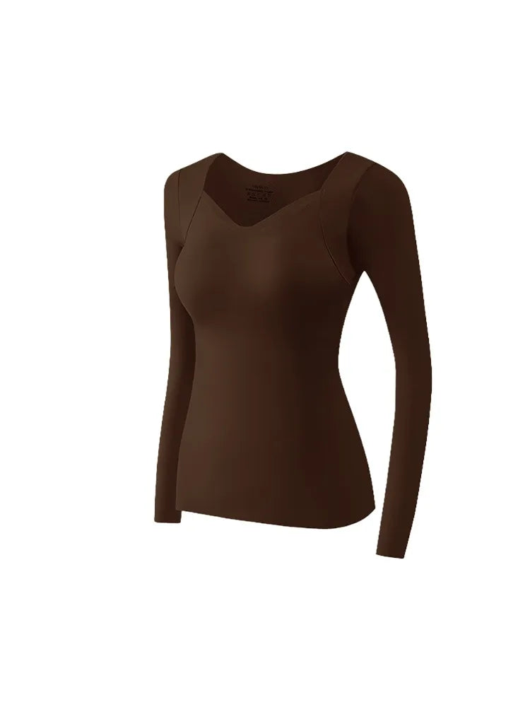 Cozy Long Sleeve Shirts Skin-friendly & Warmth, Square Neck Tops With Built-in Pads Base Layer