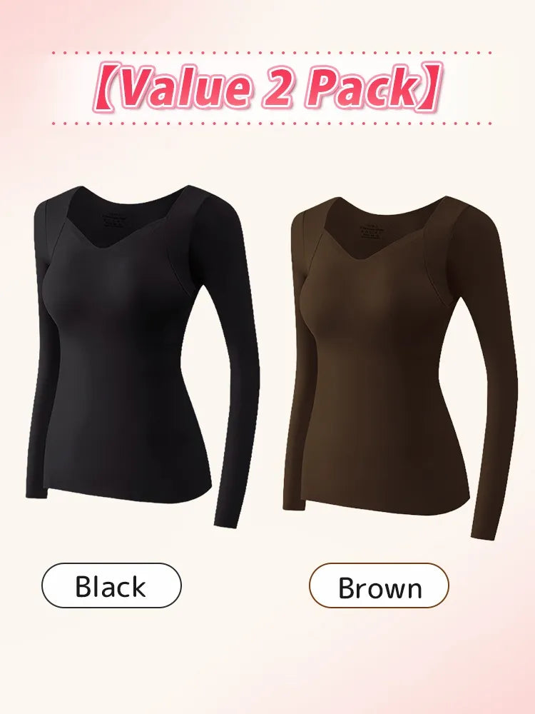 Cozy Long Sleeve Shirts Skin-friendly & Warmth, Square Neck Tops With Built-in Pads Base Layer