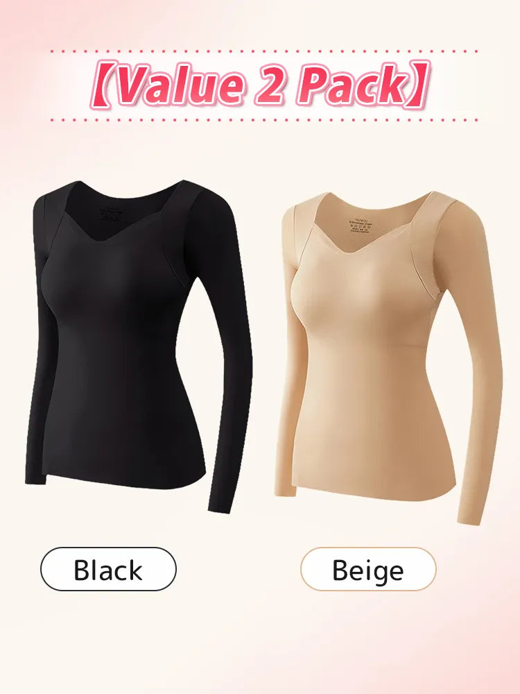 Cozy Long Sleeve Shirts Skin-friendly & Warmth, Square Neck Tops With Built-in Pads Base Layer