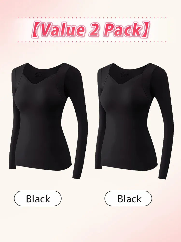 Cozy Long Sleeve Shirts Skin-friendly & Warmth, Square Neck Tops With Built-in Pads Base Layer