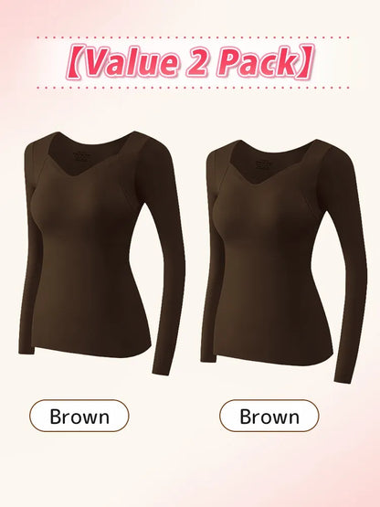 Cozy Long Sleeve Shirts Skin-friendly & Warmth, Square Neck Tops With Built-in Pads Base Layer
