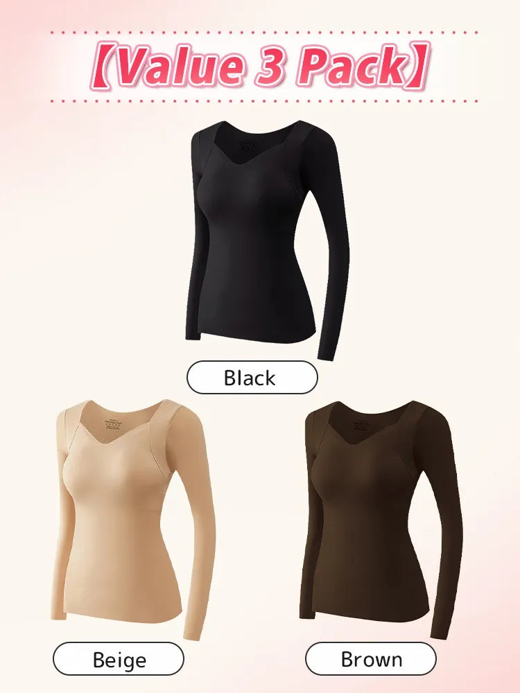 Cozy Long Sleeve Shirts Skin-friendly & Warmth, Square Neck Tops With Built-in Pads Base Layer