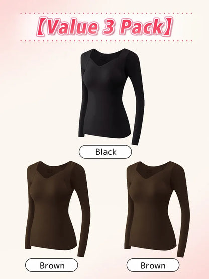 Cozy Long Sleeve Shirts Skin-friendly & Warmth, Square Neck Tops With Built-in Pads Base Layer
