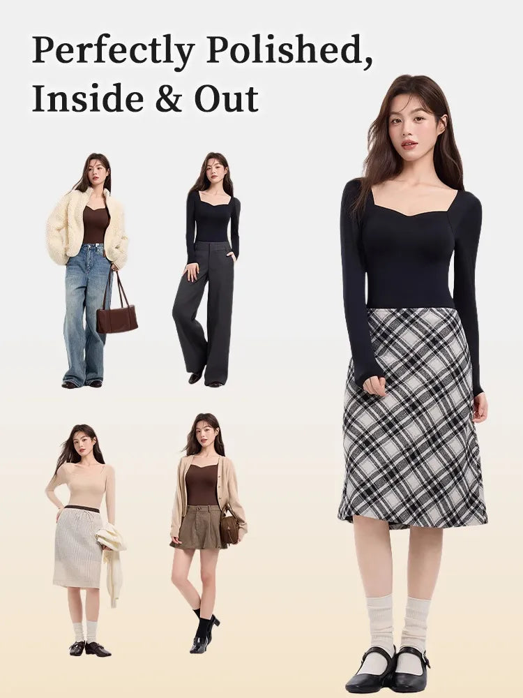 Cozy Long Sleeve Shirts Skin-friendly & Warmth, Square Neck Tops With Built-in Pads Base Layer