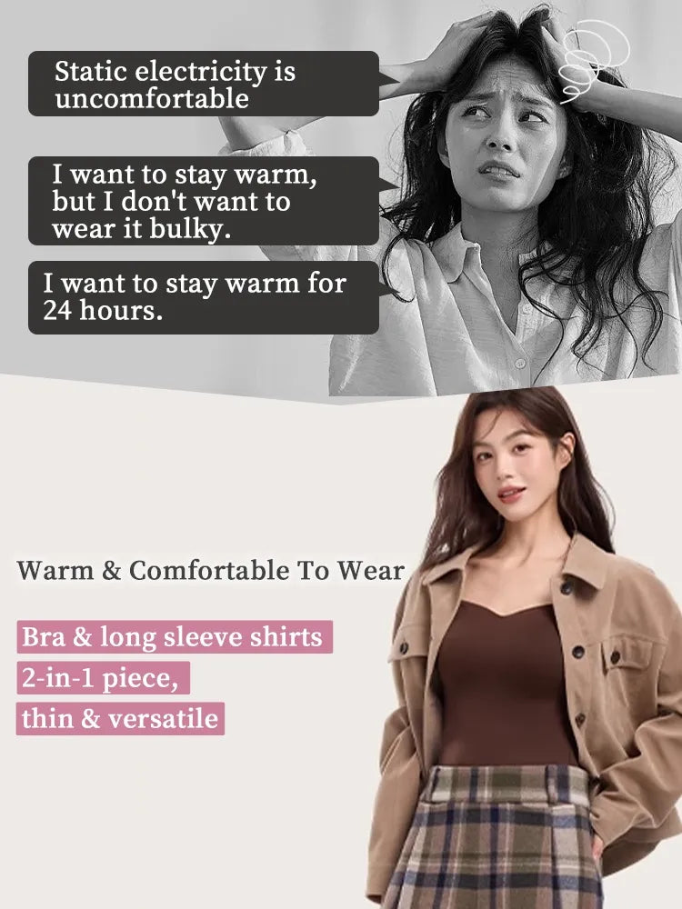 Cozy Long Sleeve Shirts Skin-friendly & Warmth, Square Neck Tops With Built-in Pads Base Layer