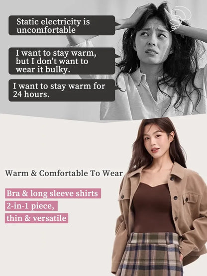 Cozy Long Sleeve Shirts Skin-friendly & Warmth, Square Neck Tops With Built-in Pads Base Layer