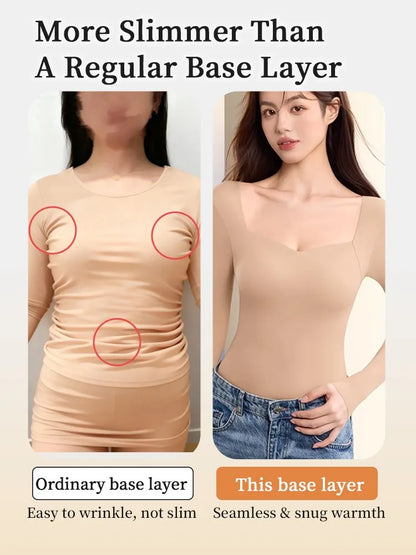 Cozy Long Sleeve Shirts Skin-friendly & Warmth, Square Neck Tops With Built-in Pads Base Layer