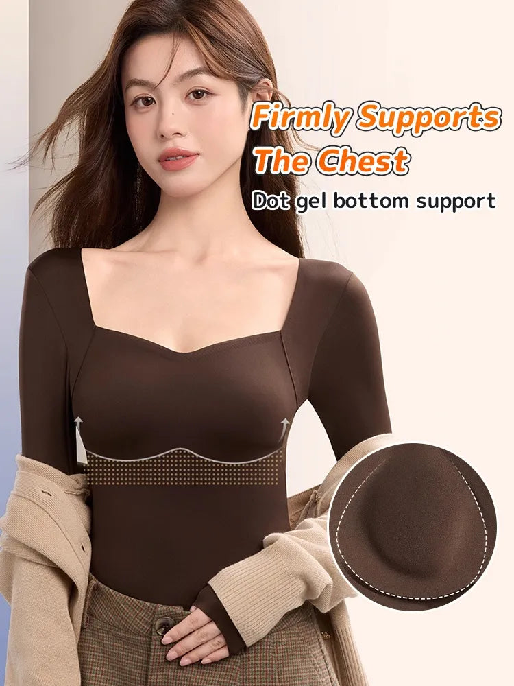 Cozy Long Sleeve Shirts Skin-friendly & Warmth, Square Neck Tops With Built-in Pads Base Layer