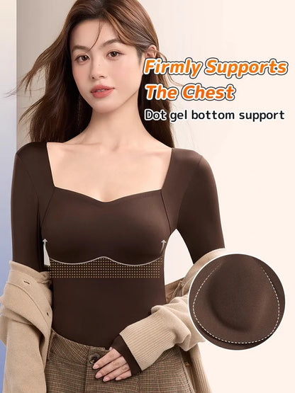 Cozy Long Sleeve Shirts Skin-friendly & Warmth, Square Neck Tops With Built-in Pads Base Layer