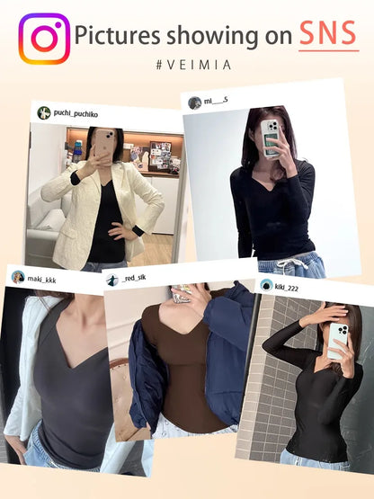 Cozy Long Sleeve Shirts Skin-friendly & Warmth, Square Neck Tops With Built-in Pads Base Layer